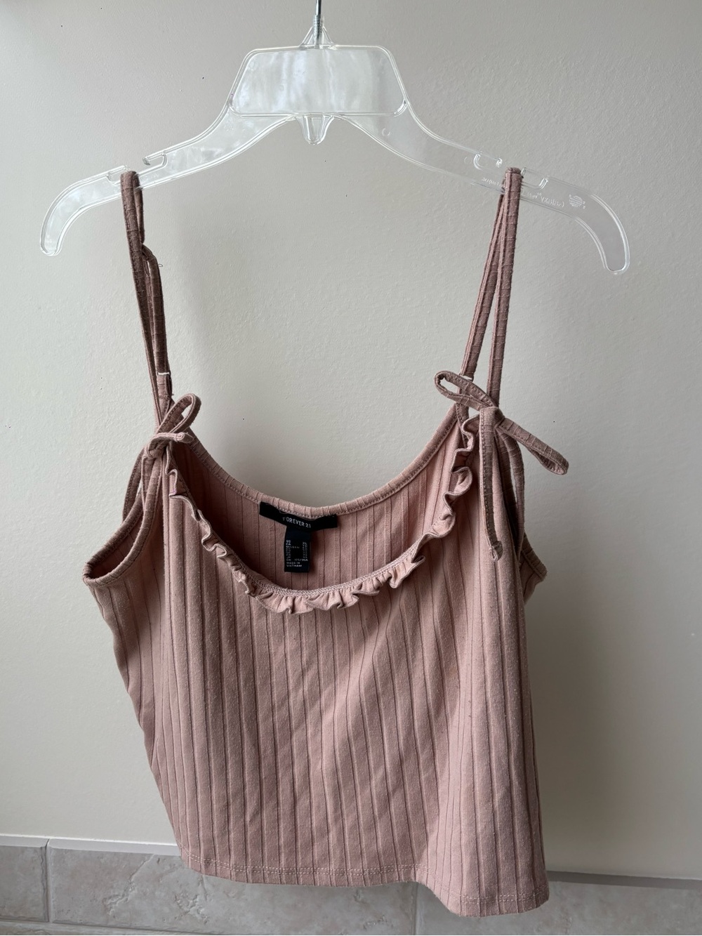 Ribbed Ruffle Tie-Strap Tank Top - Light Brown / Tan